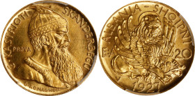 ALBANIA. Gold 20 Franga Ari Prova (Pattern), 1927-V. Vienna Mint. Ahmet Zogu (as President). PCGS SPECIMEN-65.
Fr-6; KM-Pr27. Mintage: 50. This INCRE...