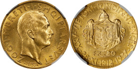 ALBANIA. 20 Franga Ari, 1937-R. Rome Mint. Zog I. NGC MS-64.
Fr-12; KM-20. Mintage: 2,500. Struck to commemorate the 25th anniversary of Independence...