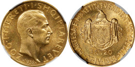 ALBANIA. 20 Franga Ari, 1938-R. Rome Mint. Zog I. NGC MS-66.
Fr-14; KM-22. Mintage: 2,500. Commemorating the Royal Wedding of the king. A Gem offerin...