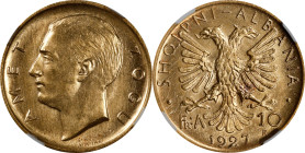 ALBANIA. 10 Franga Ari, 1927-R. Rome Mint. Ahmet Zogu (as President). NGC MS-64.
Fr-3; KM-9. A marvelous near-Gem, this radiant specimen yields a vib...