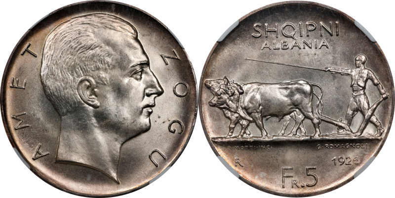 ALBANIA. 5 Franga Ari, 1926-R. Rome Mint. Ahmet Zogu (as President). NGC MS-65....