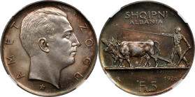 ALBANIA. 5 Franga Ari, 1926-R. Rome Mint. Ahmet Zogu (as President). NGC MS-64.
KM-8.2. Star beneath bust variety. Impressively toned and quite whole...
