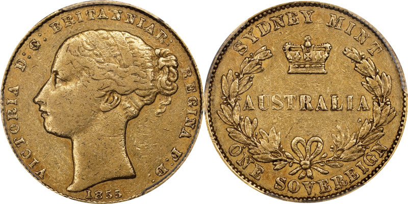 AUSTRALIA. Sovereign, 1855-SYDNEY. Sydney Mint. Victoria. PCGS EF-45.
Fr-9; KM-...