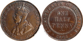 AUSTRALIA. 1/2 Penny, 1923. Melbourne Mint. George V. PCGS EF-45.
KM-22. The KEY DATE for the series, this impressive, entirely wholesome specimen re...