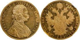 AUSTRIA. 4 Ducats, 1914. Vienna Mint. Franz Joseph I. NGC AU-58.
Fr-487; KM-2276. A stunning example of the SCARCE date, this piece displays only lim...