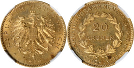 AUSTRIA. 20 Korona, 1924. Vienna Mint. NGC MS-64.
Fr-519; KM-2830. Mintage: 10,337. A fairly SCARCE one-year type, this impressive specimen dazzles w...