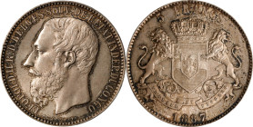 BELGIAN CONGO. Congo Free State. 5 Francs, 1887. Brussels Mint. Leopold II. PCGS MS-65.
KM-8.1. RARE and desired in any condition, when offered in Ge...