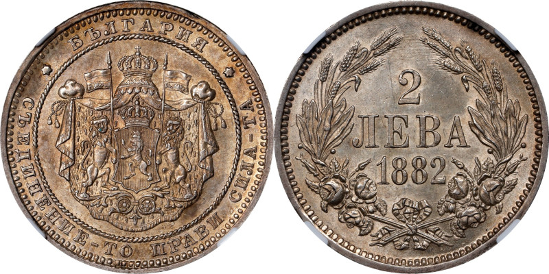 BULGARIA. 2 Leva, 1882. St. Petersburg Mint. Alexander I. NGC MS-63.
KM-5. A wo...