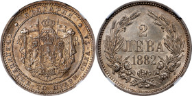 BULGARIA. 2 Leva, 1882. St. Petersburg Mint. Alexander I. NGC MS-63.
KM-5. A wonderfully produced Choice specimen, this handsome survivor delivers co...