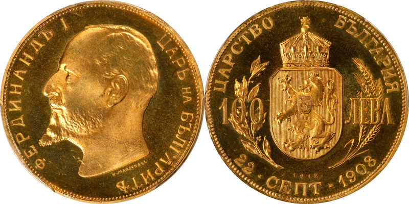 BULGARIA. 100 Leva Restrike, "1912" (1967-68). Sofia Mint. Ferdinand I. PCGS PRO...