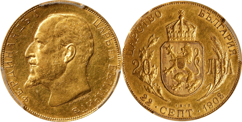 BULGARIA. 20 Leva, 1912. Vienna Mint. Ferdinand I. PCGS AU-55.
Fr-6; KM-33. An ...