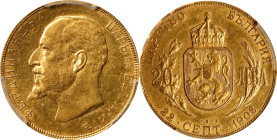 BULGARIA. 20 Leva, 1912. Vienna Mint. Ferdinand I. PCGS AU-55.
Fr-6; KM-33. An original rendition of this classic design, exhibiting very little in t...