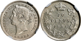 CANADA. 10 Cents, 1884. London Mint. Victoria. NGC AU-55.
KM-3. The sole finest certified example of this date yet encapsulated by NGC, this wonderfu...