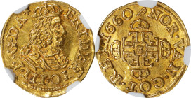 DENMARK. 1/4 Ducat, 1660. Copenhagen Mint. Frederik III. NGC MS-62.
Fr-103; KM-235. A concise and well incised design featuring the crowned bust of t...