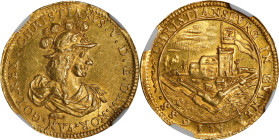 DENMARK. 2 Ducats, 1688. Copenhagen Mint. Christian V. NGC MS-63+.
Fr-167; KM-395.1; H-23B. Weight: 6.88 gms. Obverse: Draped bust right, wearing plu...