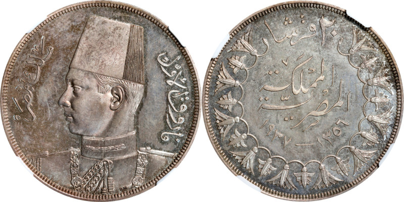 EGYPT. 20 Piastres, AH 1356/1937. London Mint. Farouk I. NGC PROOF-65.
KM-368. ...