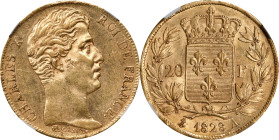 FRANCE. 20 Francs, 1828-A. Paris Mint. Charles X. NGC MS-62.
Fr-549; KM-726.1; Gad-1029. Exceedingly lustrous and vibrant, this nearly-Choice specime...