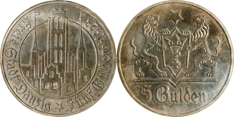 POLAND. Danzig. 5 Gulden, 1923. PCGS PROOF-61.
KM-147; Parchimowicz-65C. A RARE...