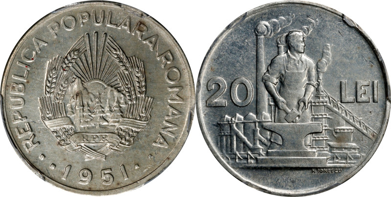 ROMANIA. Tin 20 Lei Pattern, 1951. PCGS SPECIMEN-64.
cf. Schaffer/Stambuliu-209...