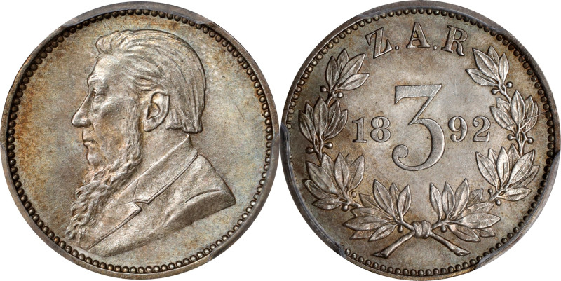 SOUTH AFRICA. 3 Pence, 1892. PCGS MS-64.
KM-3. Elusive in this state of preserv...