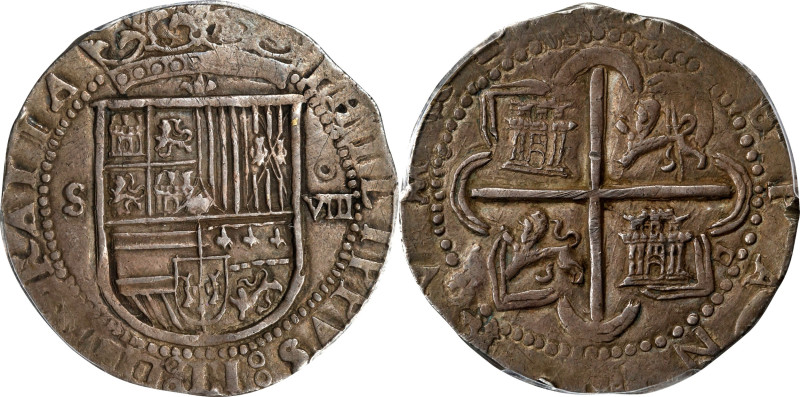 SPAIN. Cob 8 Reales, ND (1556-88)-S D. Seville Mint. Philip II. PCGS AU-53.
Cal...