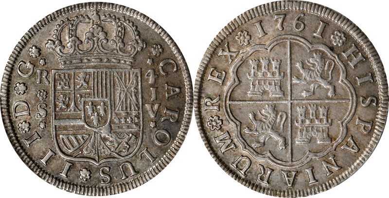 SPAIN. 4 Reales, 1761-S JV. Seville Mint. Charles III. PCGS AU-58.
KM-396.2; Ca...