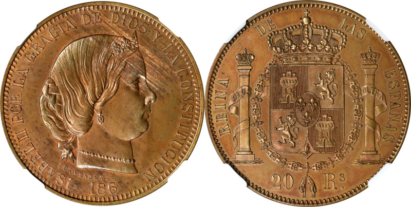 SPAIN. Copper 20 Reales Pattern, 186_. Madrid or Paris Mint. Isabel II. NGC MS-6...