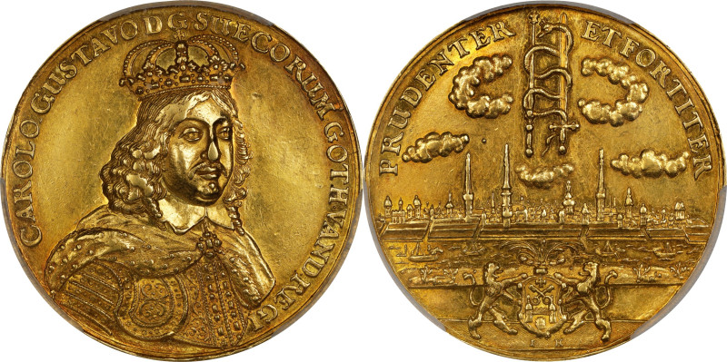 SWEDEN. Swedish Livonia. Gold Medallic 10 Ducats, ND (1655). Riga Mint. Karl Gus...