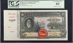 ANGOLA. Banco Nacional Ultramarino. 10 Mil Reis, 1909. P-33s. Specimen. PCGS Currency Very Choice New 64.
Perforated Cancelled. Specimen serial numbe...