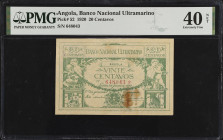 ANGOLA. Banco Nacional Ultramarino. 20 Centavos, 1920. P-52. PMG Extremely Fine 40 Net. Rust.
This is the only example to have been graded by PMG for...