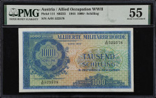 AUSTRIA. Allierte Militarbehorde. 1000 Schilling, 1944. P-111. PMG About Uncirculated 55.
An elusive high denomination allied occupation note from th...