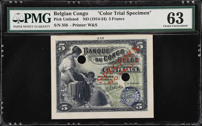 BELGIAN CONGO. Banque du Congo Belge. 5 Francs, ND (1914-24). P-Unlisted. Color ...