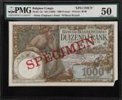 BELGIAN CONGO. Banque du Congo Belge. 1000 Francs, ND (1920). P-12s. Specimen. PMG About Uncirculated 50.
Printed by BNB. Without branch. Watermark o...