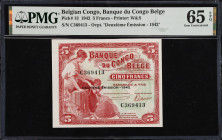 BELGIAN CONGO. Banque du Congo Belge. 5 Francs, 1942. P-13. PMG Gem Uncirculated 65 EPQ.
Printed by W&S. Overprint "Deuxieme Emission - 1942". Out of...