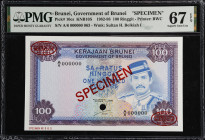 BRUNEI. Lot of (2). Government of Brunei. 1 Ringgit, 1988. P-6ds & 10cs. Specimens. PMG Superb Gem Uncirculated 67 EPQ.
An impressive Superb Gem pair...