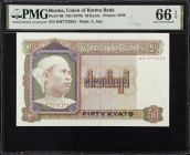 BURMA. Union of Burma Bank. 50 Kyats, ND (1979). P-60. PMG Gem Uncirculated 66 EPQ.
Watermark of A. San. Printed by SPW. Just two notes have been gra...