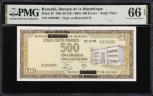 BURUNDI. Banque de la Republique. 500 Francs, 1964. P-18. PMG Gem Uncirculated 66 EPQ.
Overprint on Burundi P-13. Watermark of plant. Just seven note...