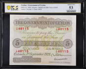 CEYLON. Government of Ceylon. 5 Rupees, 1928. P-22. PCGS Banknote About Uncirculated 53 Details. Small Repaired Edge Tear.
By far the finest known ex...