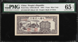 CHINA--PEOPLE'S REPUBLIC. People's Bank of China. 1 Yuan, 1949. P-812a. PMG Gem Uncirculated 65 EPQ.
(S/M#C282-20). Block 123. Blue underprint.

Es...