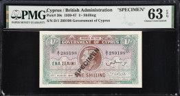 CYPRUS. Government of Cyprus. 1 Shilling, 1947. P-20s. Shilling. PMG Choice Uncirculated 63 EPQ.
Dated August 25, 1947. Black specimen overprint. Bea...