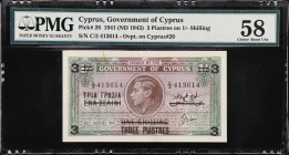 CYPRUS. Government of Cyprus. 3 Piastres on 1 Shilling, 1941 (ND 1943). P-26. PMG Choice About Uncirculated 58.
Overprint on P-20. An elusive overpri...
