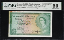 CYPRUS. Government of Cyprus. 500 Mils, 1955-57. P-34s. Specimen. PMG About Uncirculated 50.
Watermark of eagle's head. Specimen and cancelled perfor...