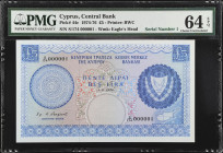CYPRUS. Central Bank of Cyprus. 5 Pounds, 1974-76. P-44c. Serial Number 1. PMG Choice Uncirculated 64 EPQ.
Printed by BWC. Watermark of eagle's head....