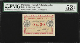 DAHOMEY. Gouvernement General de l'Afrique Occidentale Francaise. 0.50 Franc, 1917. P-1b. PMG About Uncirculated 53 EPQ.
Watermark of laurel leaves. ...