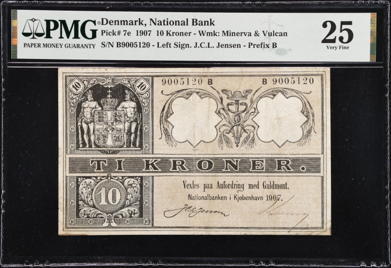 DENMARK. National Bank. 10 Kroner, 1907. P-7e. PMG Very Fine 25.
Watermark of M...