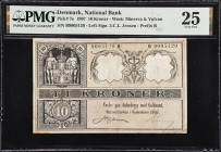 DENMARK. National Bank. 10 Kroner, 1907. P-7e. PMG Very Fine 25.
Watermark of Minerva & Vulcan. Left signature of J.C.L. Jensen. Prefix B. Rare, and ...