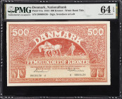 DENMARK. Nationalbank. 500 Kroner, 1944. P-41a. PMG Choice Uncirculated 64 EPQ.
Watermark of bank title. Signature of Svendsen at left. PMG Pop 5/Non...
