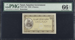 EGYPT. Royal Government of Egypt. 5 Piastres, 1940. P-164r. Remainder. PMG Gem Uncirculated 66 EPQ.
Watermark of Crown and letters. Remainder. This i...