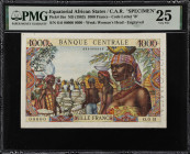 EQUATORIAL AFRICAN STATES. Etats de L'Afrique Equatoriale. 1000 Francs, ND (1963). P-5bs. Specimen. PMG Very Fine 25.
Code Letter B. A sought after s...