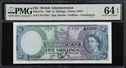 FIJI. Lot of (2). Government of Fiji. 5 Shillings, 1962. P-51c. Consecutive. PMG Choice Uncirculated 64 EPQ.
A duo of near-Gem consecutive 5 Shilling...